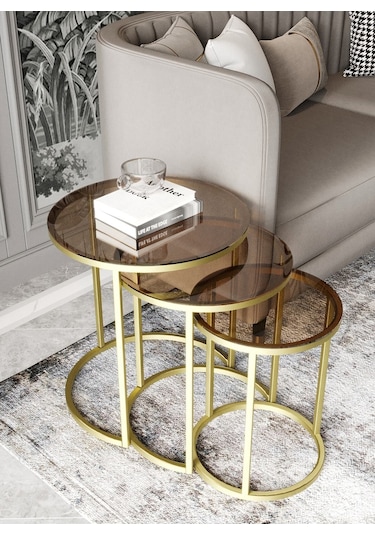 Dekoport Milas Gold Zigon Sehpa - Bronz Cam Gold Bronz