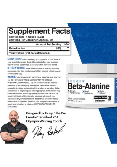 Evogen Beta Alanine Powder Performance Enhancer Boost Endurance, Delay Fatigue 60 Servis