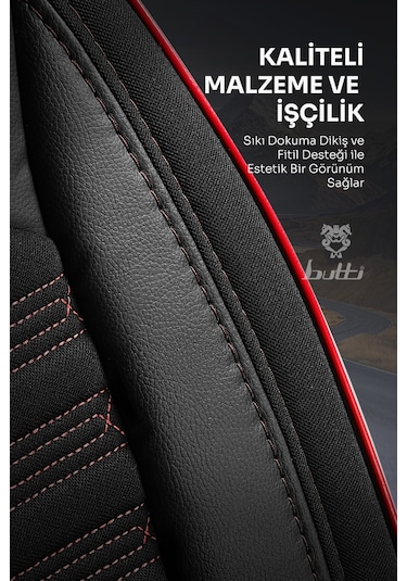 Siyah - Kırmızı Butti Libro Serisi Keten Kumaş Premium Oto Koltuk Kılıfı Destekli, Ön Arka Tam Set