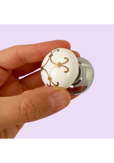 Defne Altın Çizgili Beyaz Polimer Düğme Kulp Krom Tablalı Mobilya Mutfak Dolabı Çekmece Kulbu Kulpları