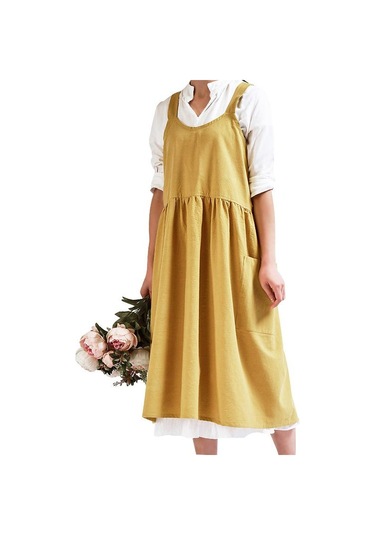 Sarı Kadın Pamuk Keten Japon Ev Işi Pişirme Önlükleri Elbise Kolsuz Önlükler Restoran Çiçekçi Ev Pişirme Önlüğü