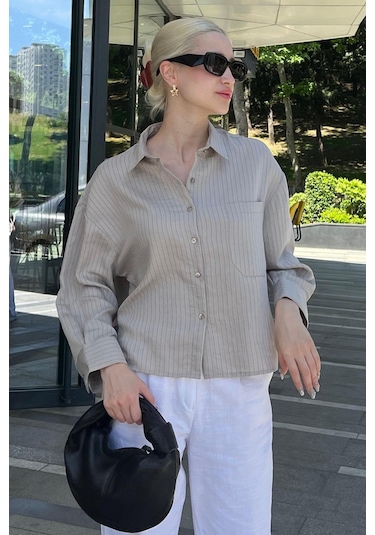 Madmext Gri Çizgili Oversize Kadın Gömlek Mg2093-gri Gri