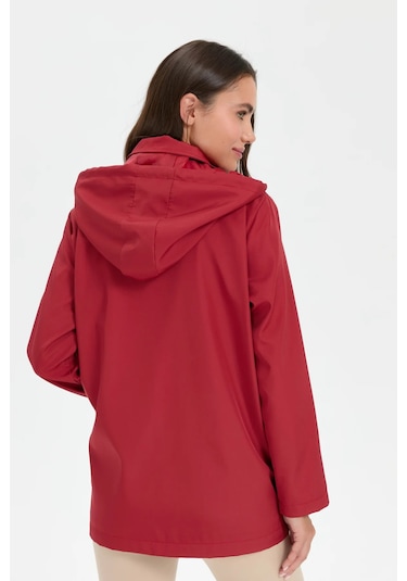 Desen Triko Kadın Kapüşonlu Yan Cepli Kısa Trençkot 24417 Kiremit Kiremit