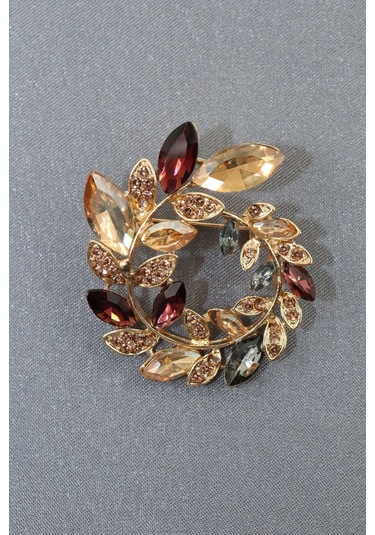 Zeytin Dalı Çelenk Broş. Gold Pırlanta Taşlı Zeytin Dallı Yaka İğnesi Çiçek Broş, Erkek Kadın Broş Gold