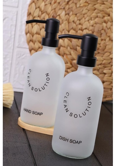 2'li Sablaj Cam Beyaz Sıvı Sabunluk Seti Standlı Beyaz