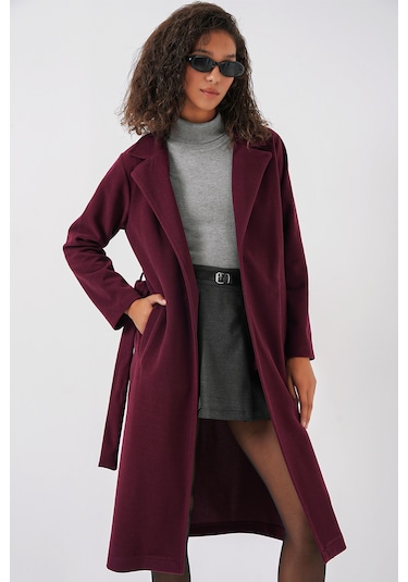 9118 Kruvaze Yaka Kaşe Kaban - Bordo Bordo