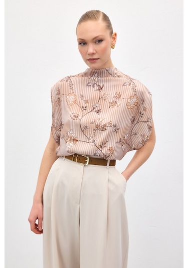 Sateen Kısa Kollu Desenli Bluz - Kahve-137042 kahve