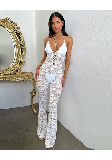 Lace Jumpsuit With Skinny Flared Legs White Beyaz