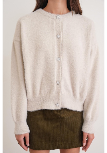 6902 Kadın Sakallı Basic Yumuşak Dokulu Triko Hırka Naturel Naturel