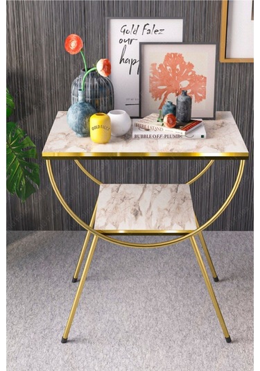 Yan Sehpa Komodin Metal Ayak Çift Gold Efes 1979 Beyaz Mermer Desen