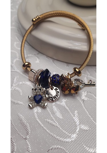 Uzel Çelik Sarı Gold Model Anahtarlı Ayıcık Charmlı Çelik Bileklik Mavi
