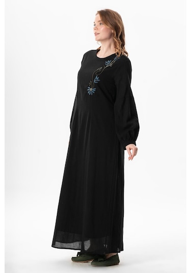 Uzun Kol Şile Bezi Gülşah Bisiklet Yaka Nakışlı Uzun Yazlık Elbise Siyah Syh Siyah
