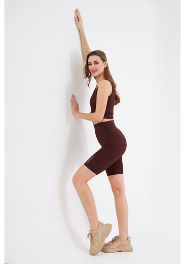 Lesa Wear Fitilli Yüksek Bel Likralı Toparlayıcı Kısa Şort Tayt Kahverengi