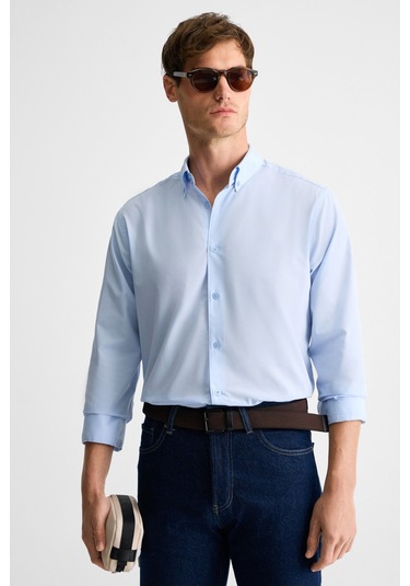 Rısto Erkek Düğmeli Yıkama Sonrası Ütü Ihtiyacını En Aza Indiren Kumaş Manşetli Mavi Gömlek