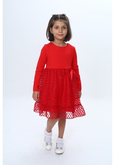 Toontoy Kız Çocuk Fırfırlı Tüllü Elbise Kırmızı