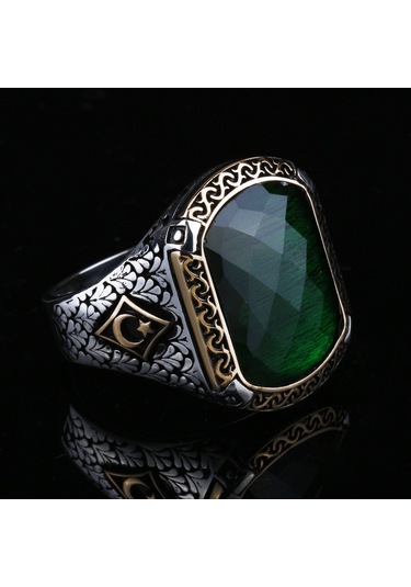 Fkgümüş Ay Yıldız Motifli Yeşil Faset Taşlı Erkek Gümüş Yüzük Silver
