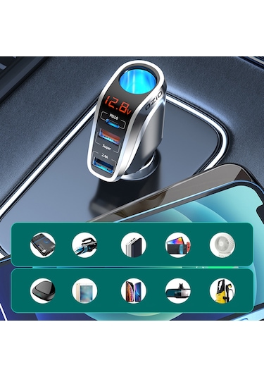 Monyee Ozio Araba Şarj Cihazı 12-24v, 3 Usb Portlu Hızlı Şarj, Fume Soketi Çevirici, Gümüş Dy34tc