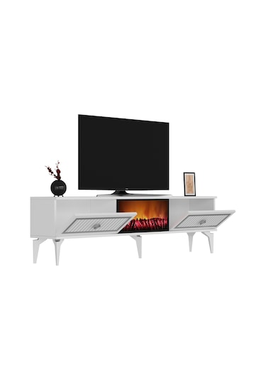 Flame Şömineli Tv Sehpası-ünitesi Beyaz-Gümüş