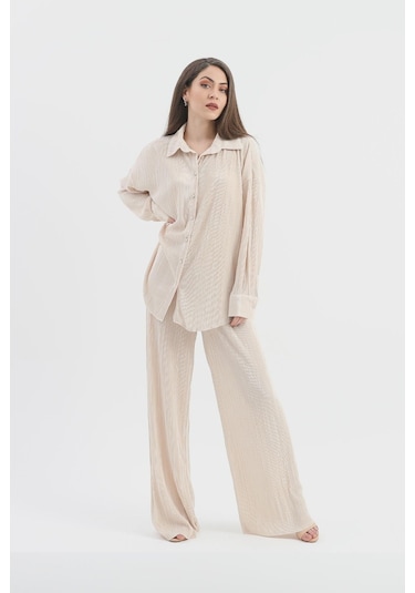 Düğme Detaylı Örme Pilise Takım - Bej-bej Bej