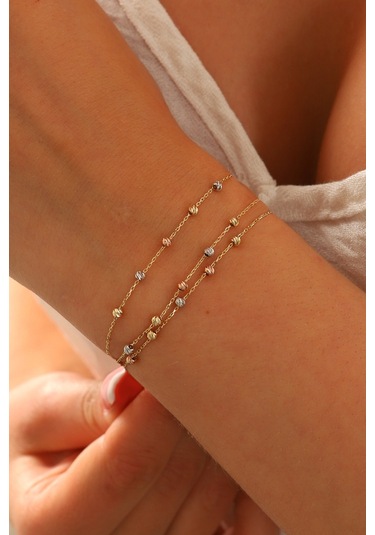 Moom Mücevherat 14 Ayar Altın Dorika Toplu Altın Bileklik Renkli Toplar Üç Sıra Çok Renkli