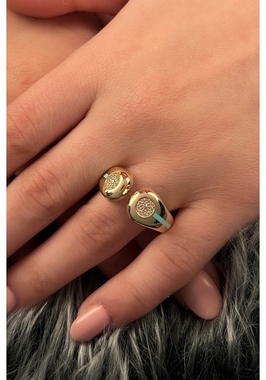 Fiyonk Kuyumculuk 14 Ayar Altın Firuze Şerit Detaylı Taşlı Yüzük 001