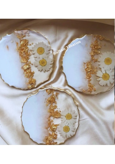 4 Lü Papatyalı Epoksi Bardak Altlığı - 120 Beyaz