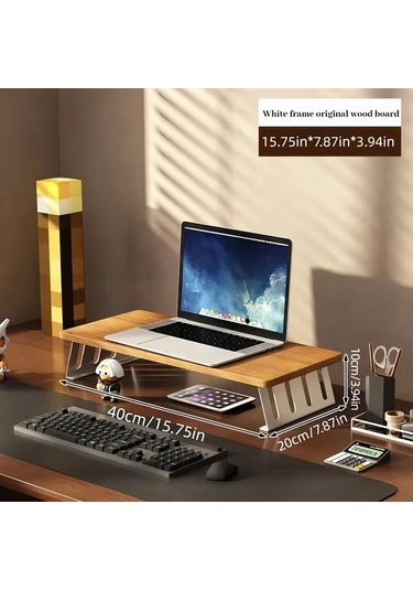 Motion003 Ergonomik Ahşap Monitör Standı Yükseltici Bej Çerçeve Kütük Tahta 40 Cm Büyük Çift Ekran Masa Rafı Ofis Ev Çalışma Alanı