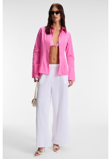 PAPILUS Kadın Regular %100 Organik Pamuk İnce Uzun Gömlek Yaka Uzun Kollu Pembe Gömlek