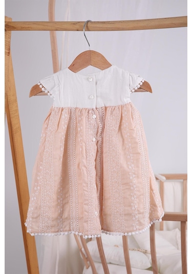 Babyhola Bayramlık Kız Bebek Elbise Nakış Işlemeli Somon 13108 Göründüğü Gibi