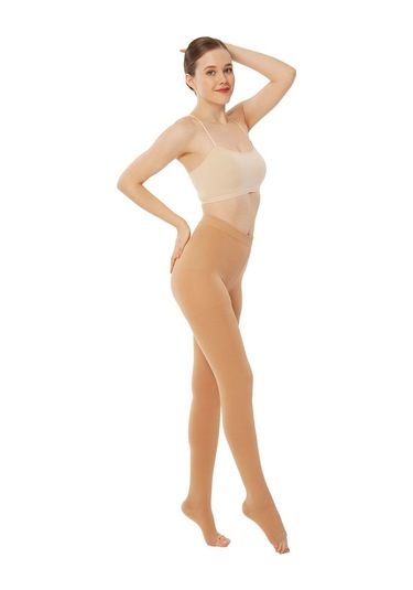 Külotlu Varis Çorabı Burnu Açık Bej Renk Orta Basınç Ccl2 Çift Bacak