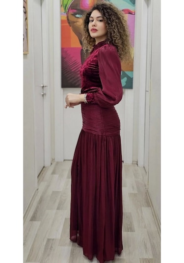 Çiçek Detaylı Çıkarılabilir Etekli Kadife Abiye 2752-bordo Bordo