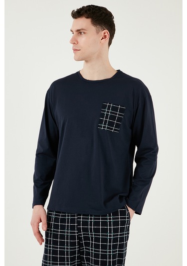 Buratti Ekoseli Cepli Beli Lastikli % 100 Pamuk Regular Fit Erkek Pijama Takımı 6572001 Lacivert-Yeşil