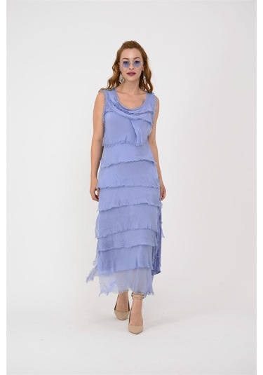 Italyan 2 Beden İnce Gösteren Kat Kat Kolsuz Ipek Elbise Mavi