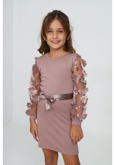 Belden Bağlamalı Tül Detaylı Çocuk Elbise Mykids Collection Pudra
