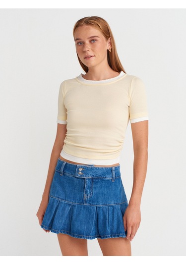 Dilvin 31942 Çift Katlı Büzgülü T-shirt-açık Sarı Açık Sarı