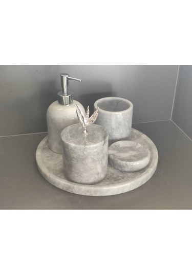 Gri Mermer 5'li Banyo Seti Beyaz