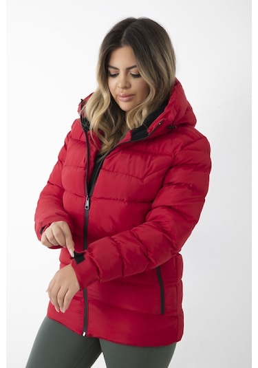 Kadın Kırmızı Kapüşonlu Içi Polarlı Kürklü Su Geçirmez Rüzgara Dayanıklı Şişme Mont Kaban Parka Kırmızı