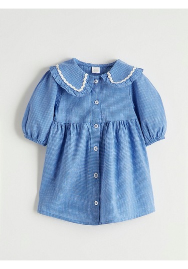 Meral Collection Mavi Nakışlı Bebe Yaka Kareli Kız Bebek Elbise Mavi