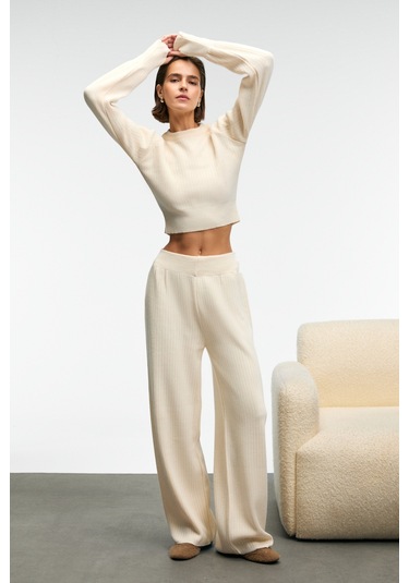 Grımelange Marıposa Kadın Yuvarlak Yaka Çizgi Desenli Crop Geniş Paça Triko Ekru Alt-üst Takım ekru