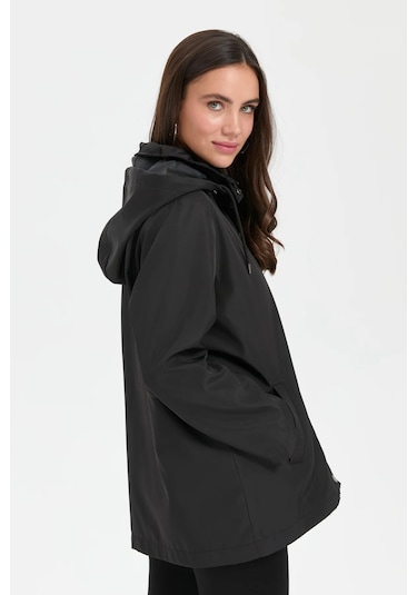 Desen Triko Kadın Kapüşonlu Yan Cepli Kısa Trençkot 24417 Siyah Siyah