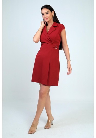 Kadın Kruvaze Yaka Toka Detaylı Eteği Pileli Likralı Krep Elbise-41676 Bordo