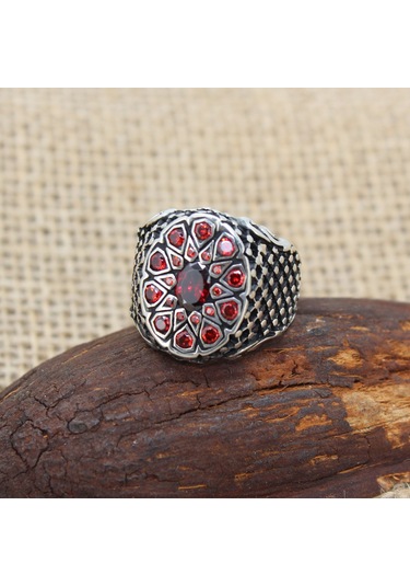 Kırmızı Zirkon Taşlı Oval Kasa 925 Ayar Gümüş Erkek Yüzüğü Gümüş