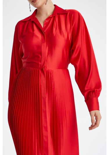 Kadın Piliseli Etekli Elbise - Modern Ve Şık - Günlük Ve Özel Davetler İçin Elbise Kırmızı