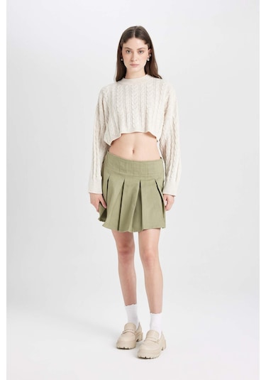 Defacto Coool Piliseli Normal Bel Basic Düz Gabardin Mini Etek D5265AX24AUKH461 Haki