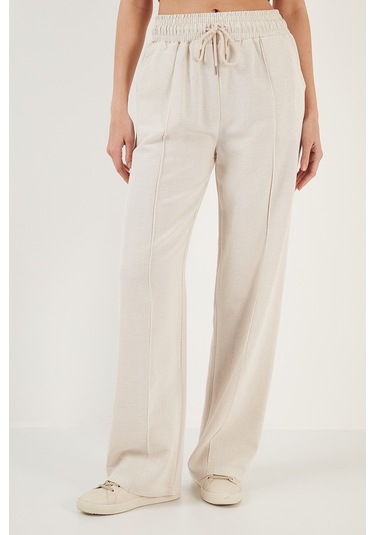 Lela Pamuk Ve Keten Karışımlı Yüksek Bel Rahat Kesim Bol Paça Spor Bayan Pantolon 5865022 Bej