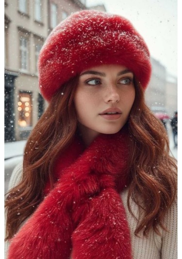 Tezzgelsin Kadın Kışlık Vegan Kürk Peluş Kalpak Şapka Ve Atkı Seti Kırmızı