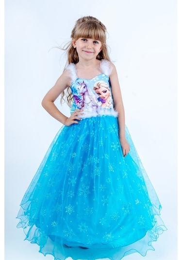Uzun Elsa Kasnaklı Kız Çocuk Parti Elbisesi