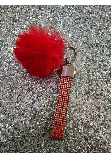 Kırmızı Taşlı Kırmızı Tavşan Tüylü Anahtarlık