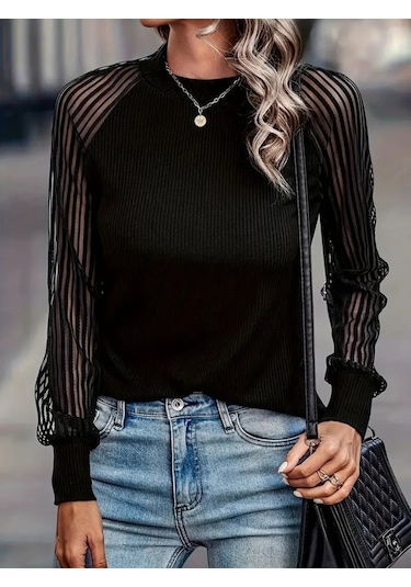 Modaserdem Kadın Uzun Kollu Tül Detaylı Bisiklet Yakalı Kaşkorse Bluz Siyah