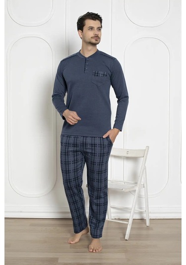 Erkek Ekose Desen Likralı Pamuk Uzun Kol Kışlık İnterlok Göğüs Cepli Pijama Takımı İndigo